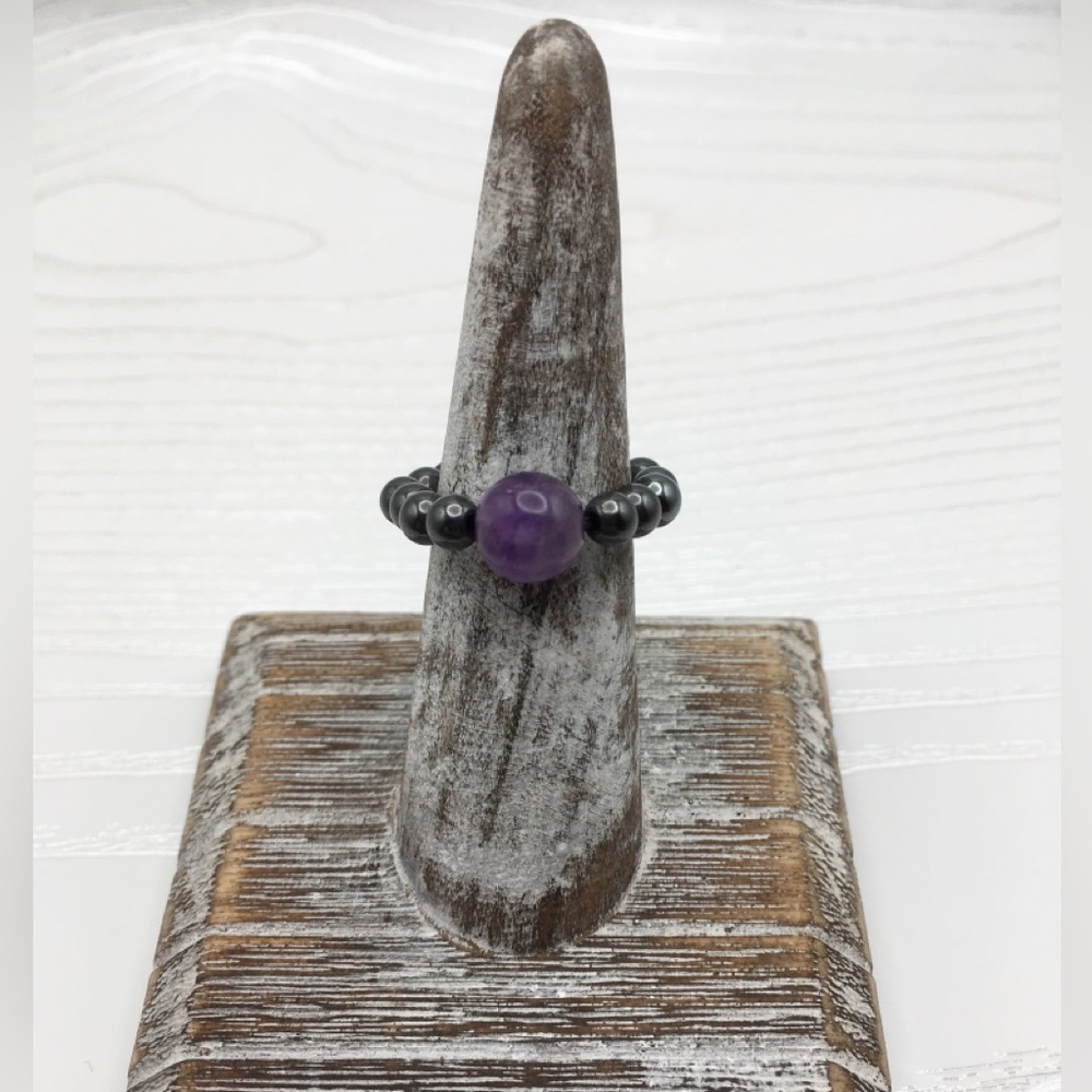 HANDCRAFTED Stretch Hematite & Amethyst Bead Ring